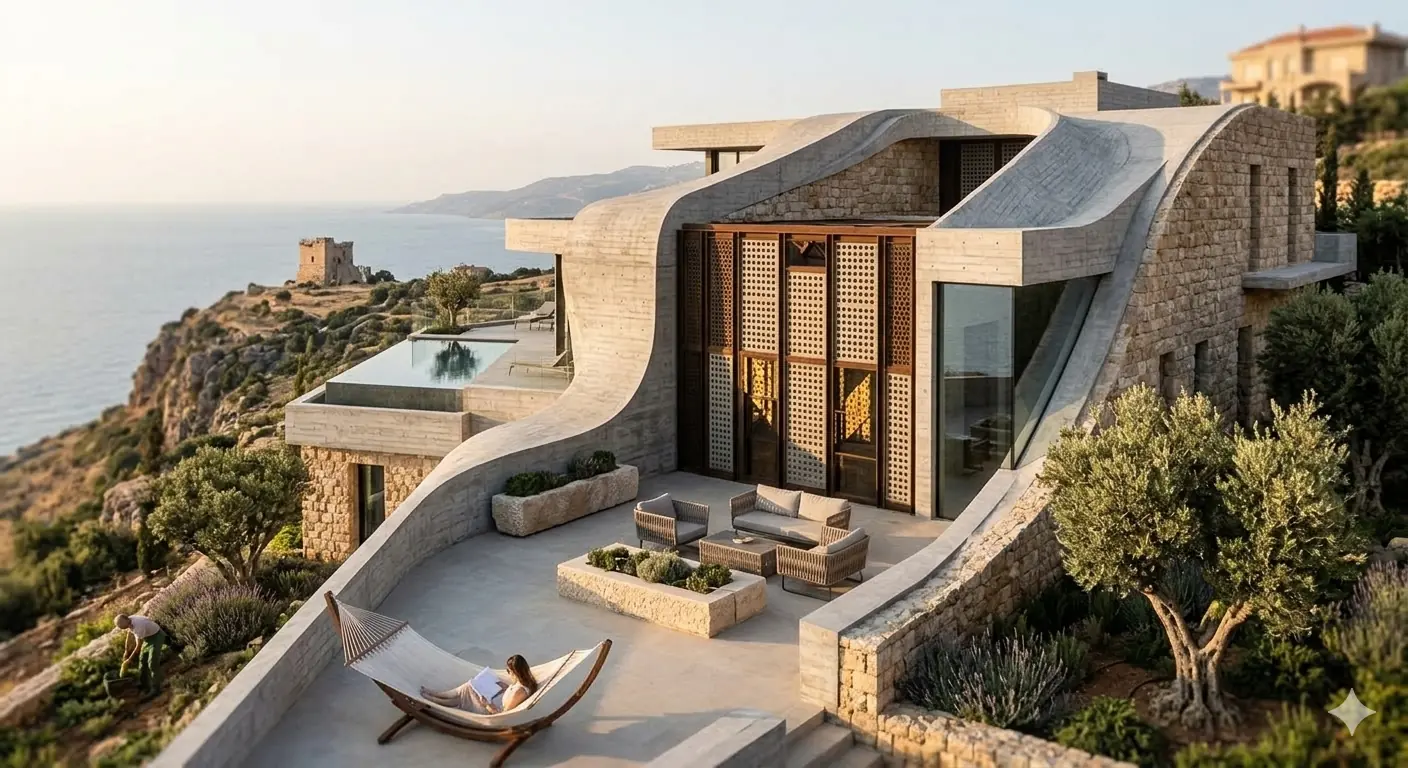 Exterior of stone and concrete home